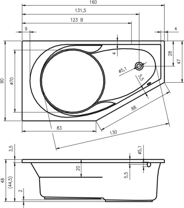 Riho vaňa YUKON Pravá biela 1600 x 900 mm typ BA34 bez nôh B008001005