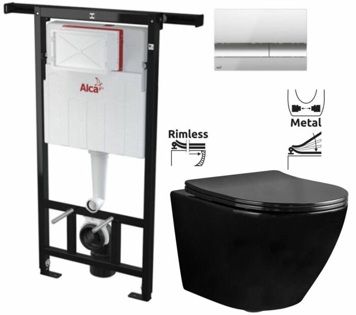 ALCADRAIN Alcadrain Jádromodul - predstenový inštalačný systém s chrómovým tlačidlom M1721 + WC REA CARLO MINI RIMFLESS ČERNÁ + SEDADLO AM102/1120 M1721 CL1