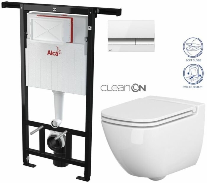 ALCADRAIN Alcadrain Jádromodul - predstenový inštalačný systém s bielym / chróm tlačidlom M1720-1 + WC CERSANIT CLEANON CASPIA + SEDADLO AM102/1120 M1720-1 CP1