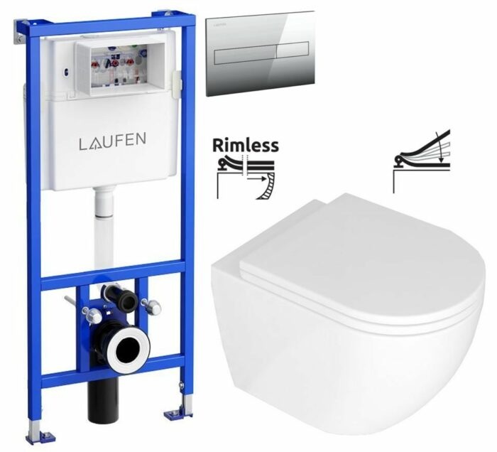 LAUFEN Rámový podomietkový modul CW1 SET s chrómovým tlačidlom + WC REA Carlo Mini Basic Rimlesss + SEDADLO H8946600000001CR CB1