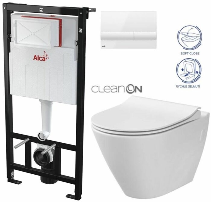 ALCADRAIN Sádromodul - predstenový inštalačný systém s bielym tlačidlom M1710 + WC CERSANIT CLEANON CITY AM101/1120 M1710 CI1